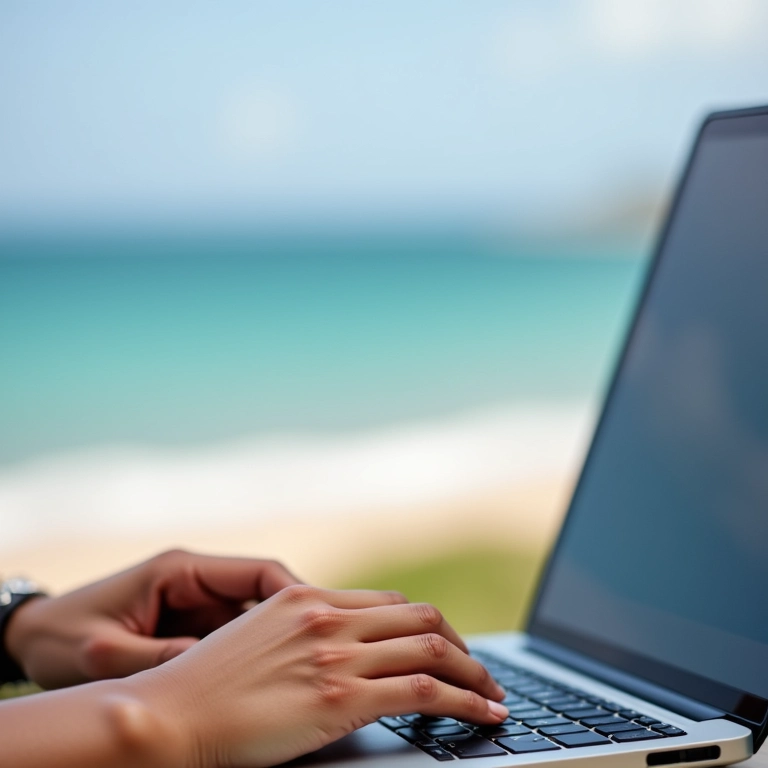Mulher pesquisando informações de viagem em um laptop.