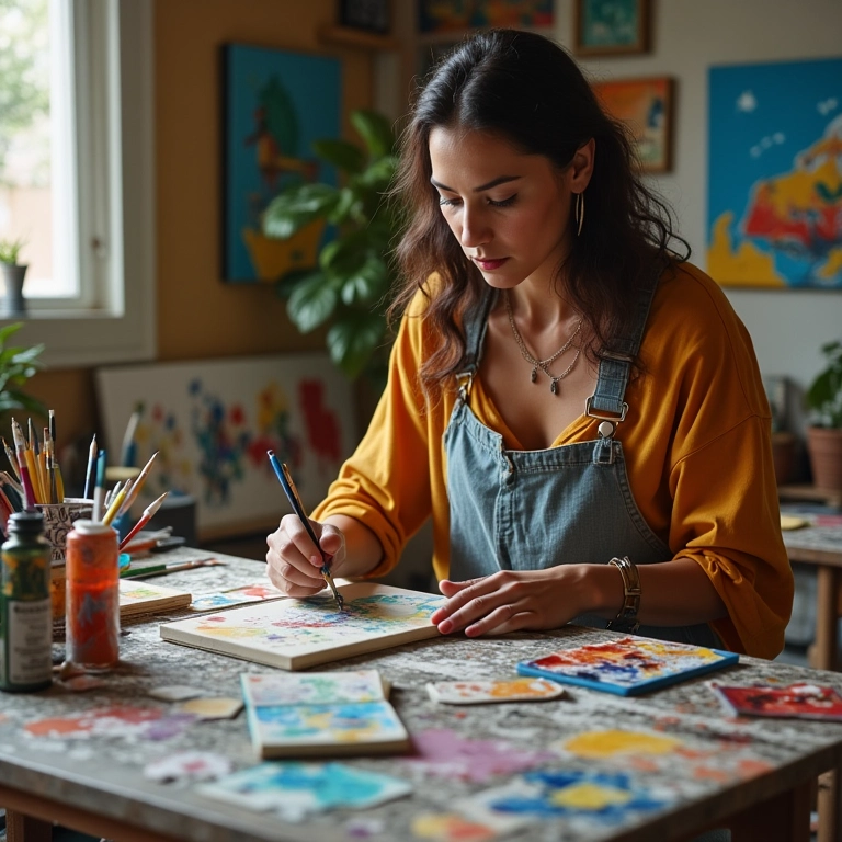 Mulher pintando em casa durante ensaio lifestyle, explorando a criatividade em um ambiente inspirador.