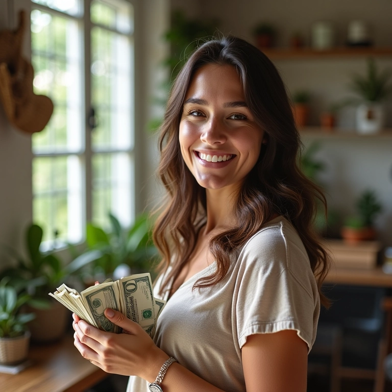 Mulher planejando melhorias na casa com o dinheiro recebido de presentes.