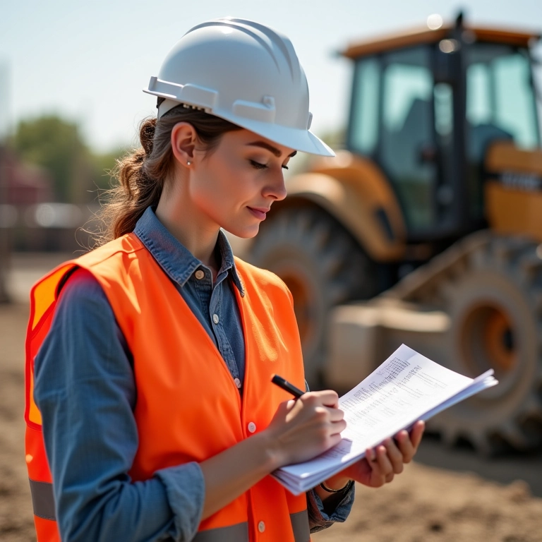 Mulher preenchendo checklist em obra, com equipamentos de segurança e colete estilo Farm Rio.