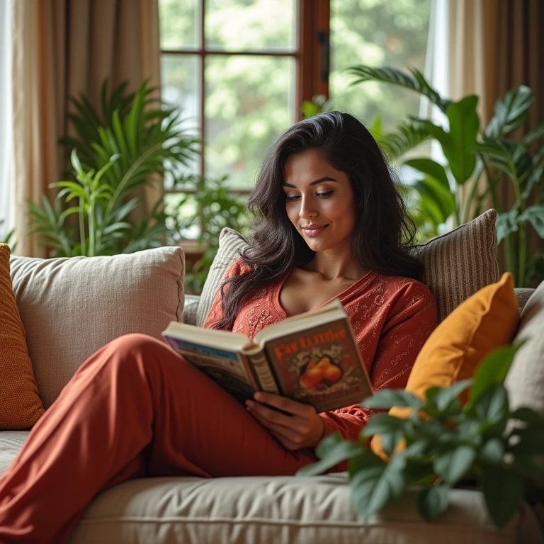 Mulher relaxando em casa durante ensaio lifestyle, aproveitando a luz natural e o conforto do lar.