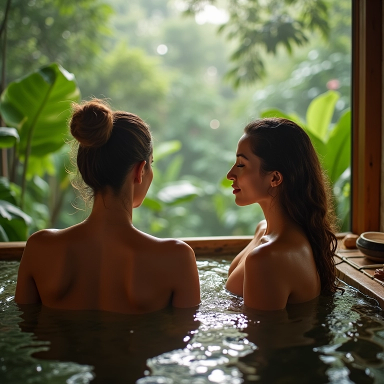 Mulher relaxando em ofurô com vista para a floresta tropical exuberante.