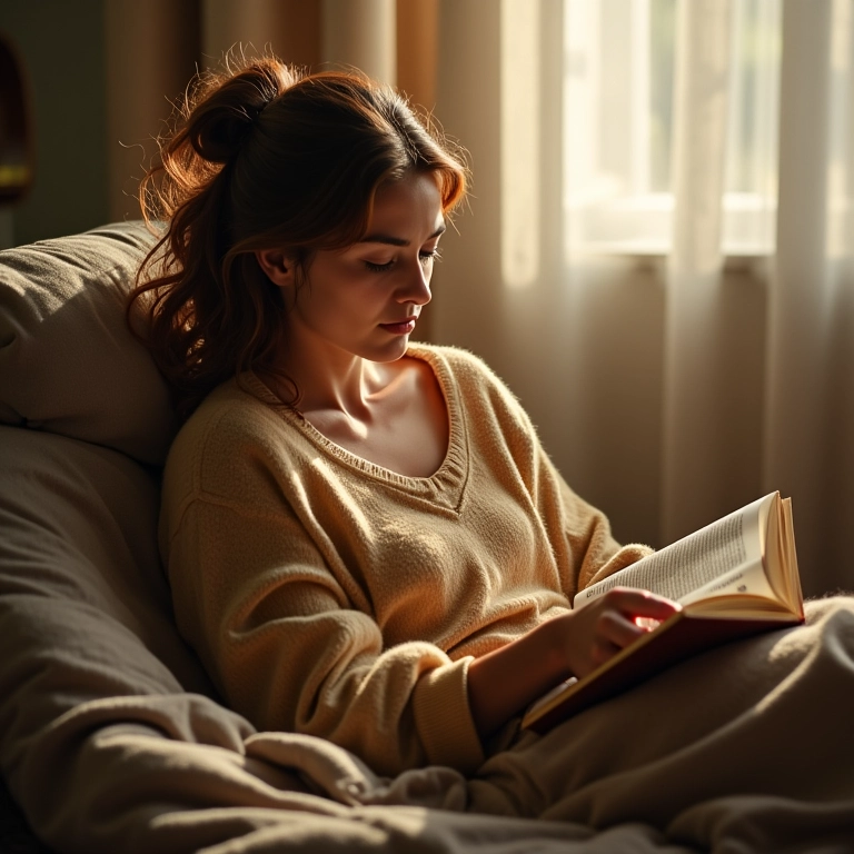 Mulher relaxando em ofurô, lendo um livro, em um ambiente tranquilo.