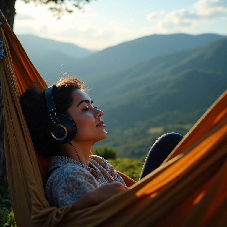 Mulher relaxando em rede ouvindo música com vista para montanhas.