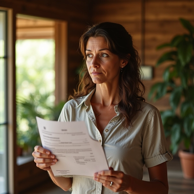 Mulher segurando cheque em casa decorada com estilo brasileiro.