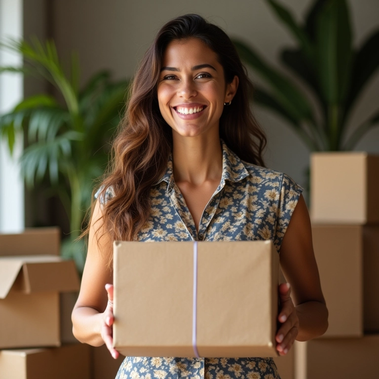 Mulher sorrindo com lista de presentes para casa nova.