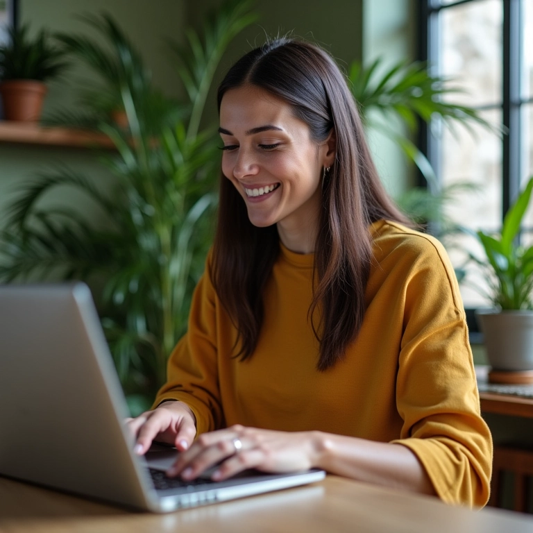 Mulher sorrindo digitando em um laptop, criando conteúdo inspirador.