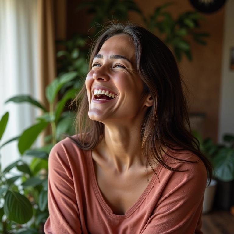 Mulher sorrindo em ensaio lifestyle caseiro, expressando a alegria e espontaneidade do momento.