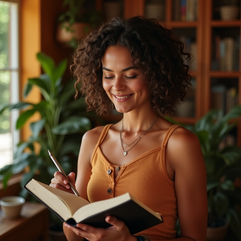 Mulher sorrindo escrevendo em um caderno em ambiente aconchegante.