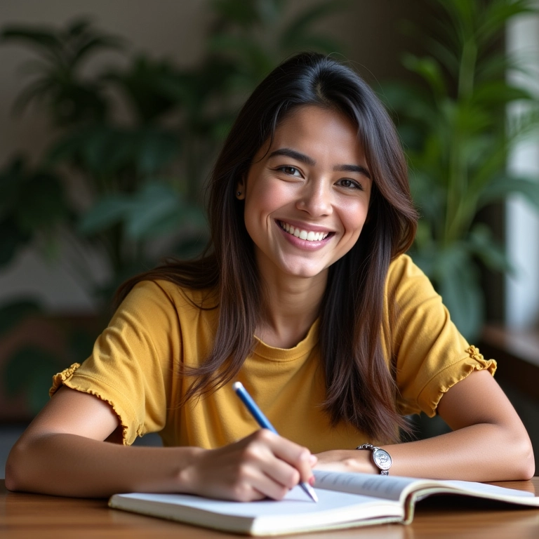 Mulher sorrindo escrevendo em um diário, confiante e relaxada.