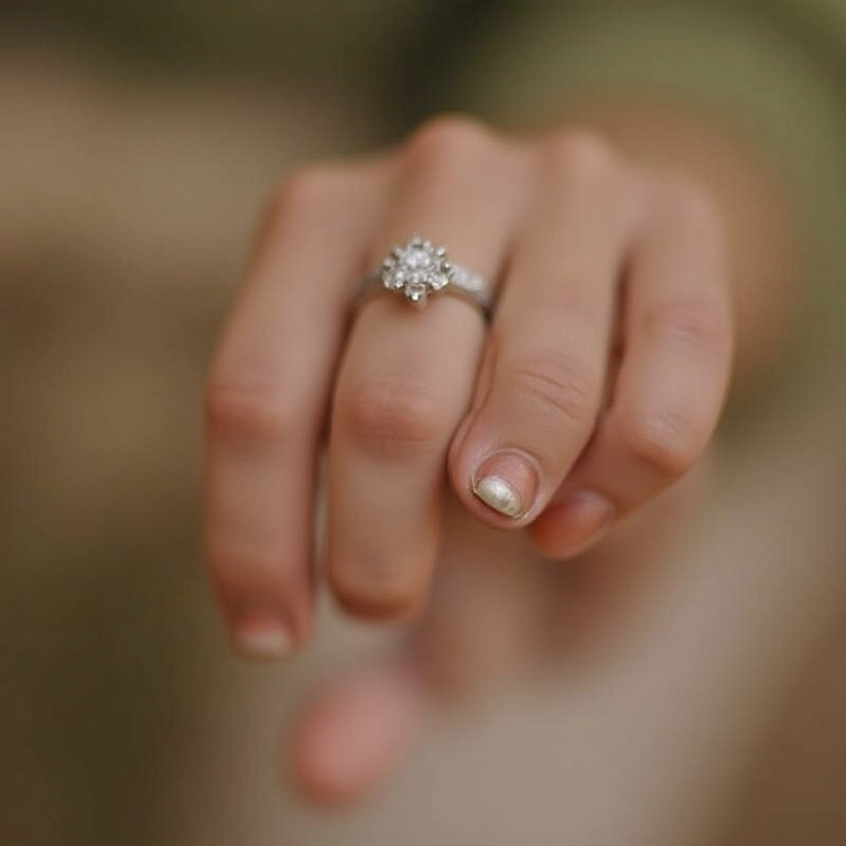 Mulher usando aliança de casamento no dedo anelar.