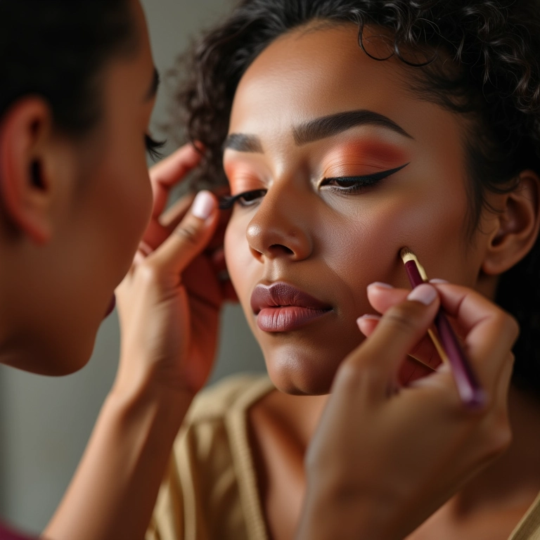 Inspiração de Maquiagem: Looks de Celebridades Mulheres diversas aplicando maquiagem vibrante. Pele radiante.