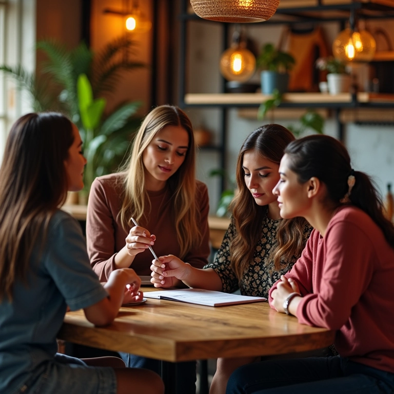 Mulheres planejam o tema do Chá Bar em ambiente aconchegante.