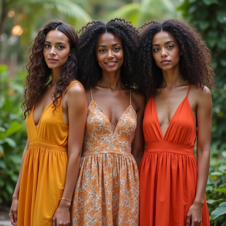 Mulheres vestindo vestidos leves e fluidos em brunch.