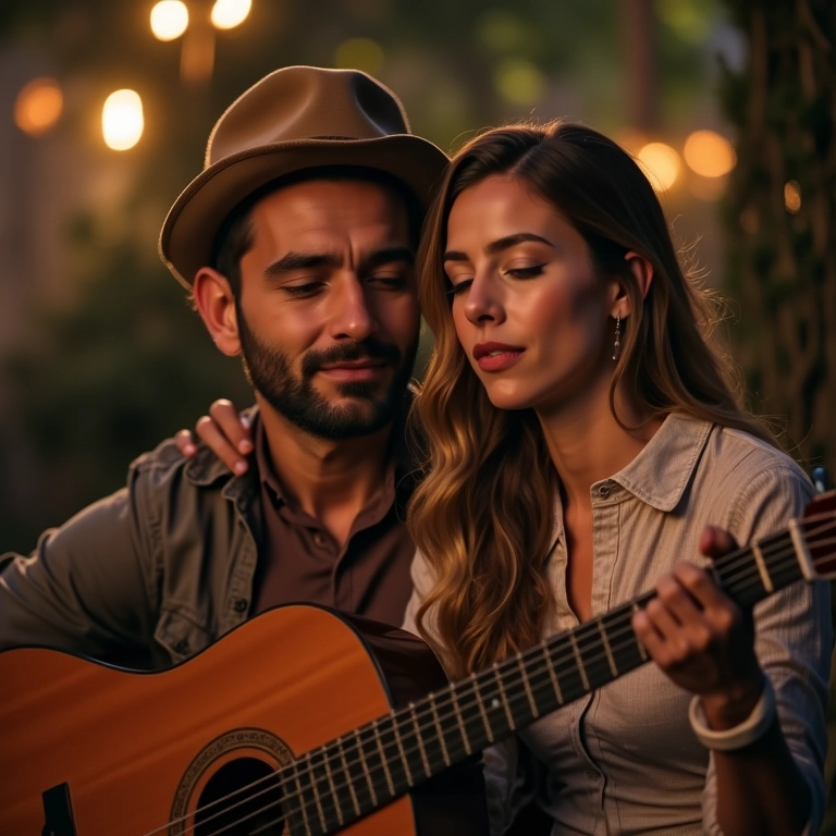Músico tocando música personalizada para casal em festa de noivado.