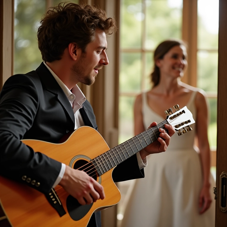 Músico tocando uma melodia suave para a noiva antes do casamento.