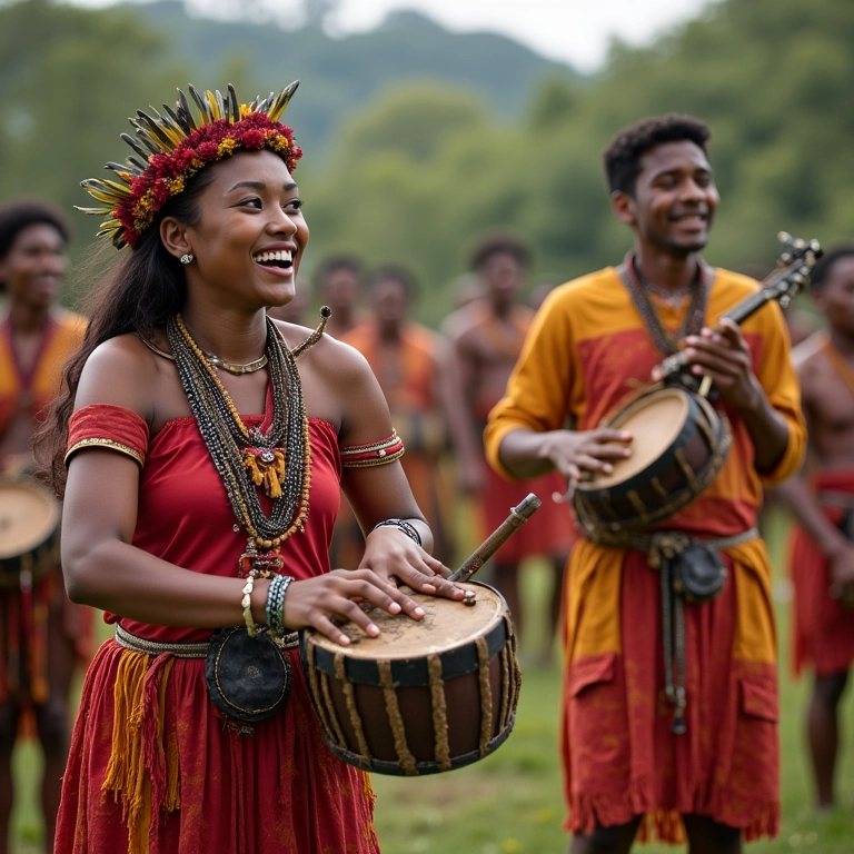 Músicos indígenas tocando instrumentos tradicionais durante a celebração do casamento.