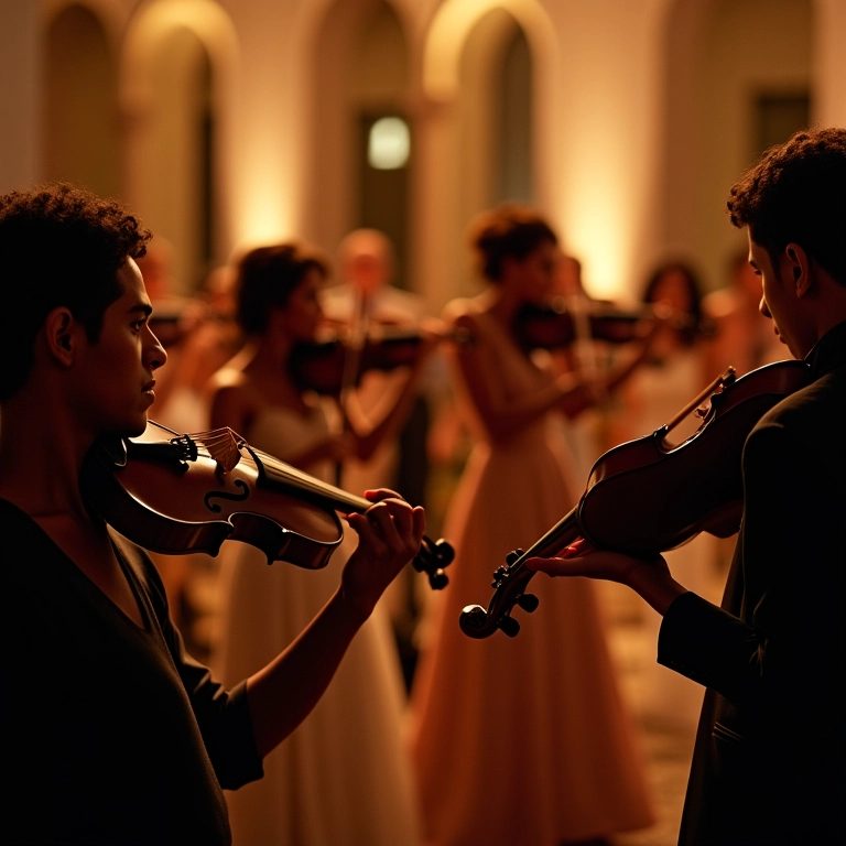 Músicos tocando instrumentos de corda em um casamento com iluminação suave.