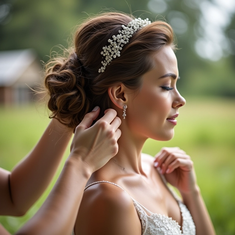 Noiva ajustando o penteado preso para garantir conforto e durabilidade.