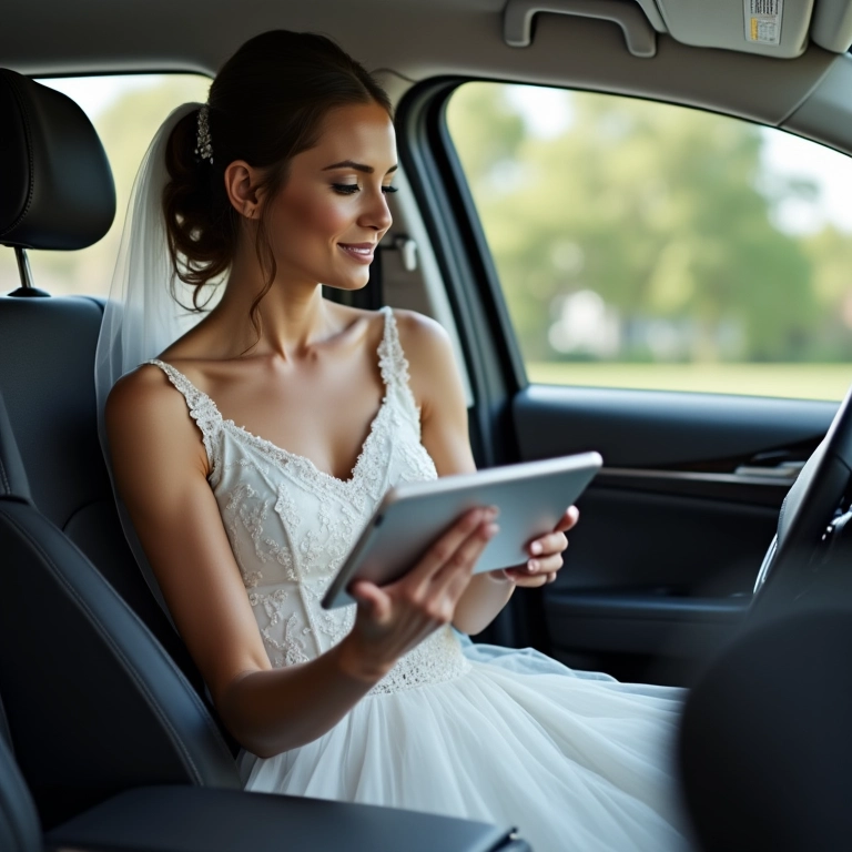 Noiva analisando opções de carros para alugar em um tablet.