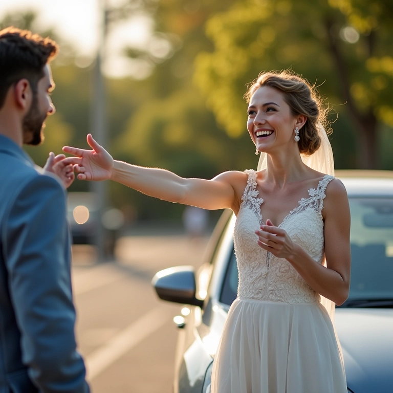 Noiva animada apontando para um carro, com agente de locadora sorrindo.