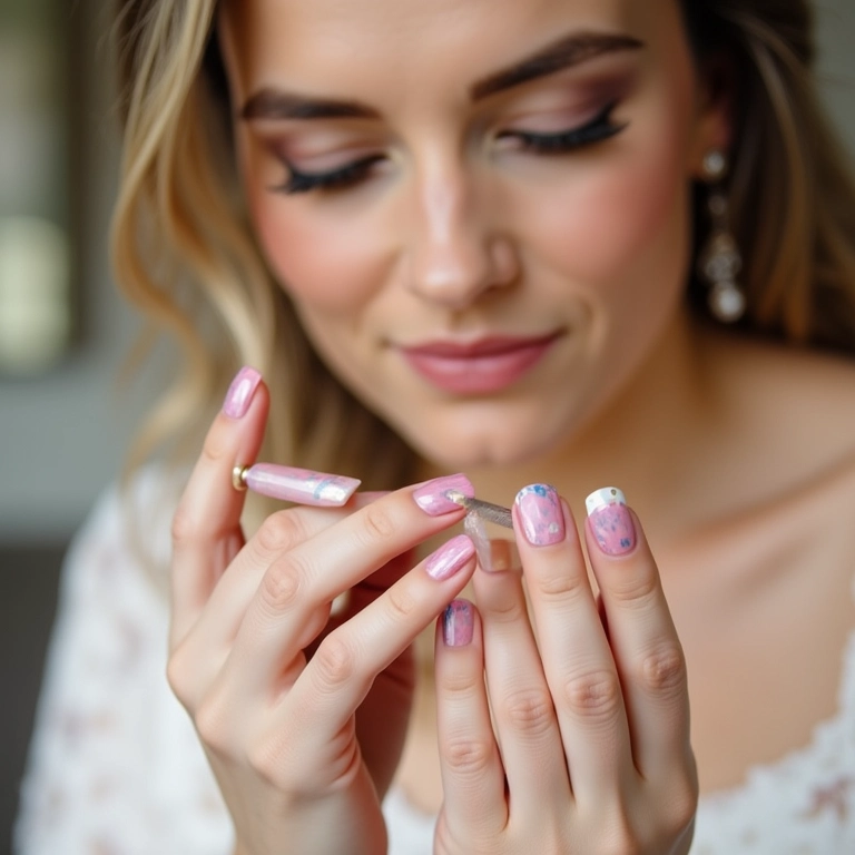 Noiva aplicando unhas postiças.