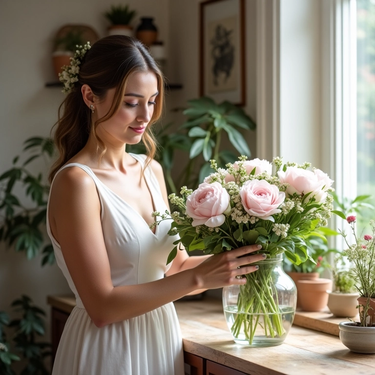 Noiva arrumando peônias em um vaso.