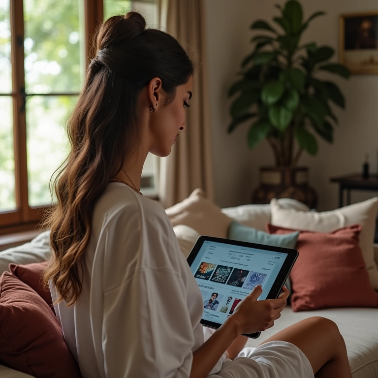 Noiva buscando inspiração musical para o casamento em tablet.