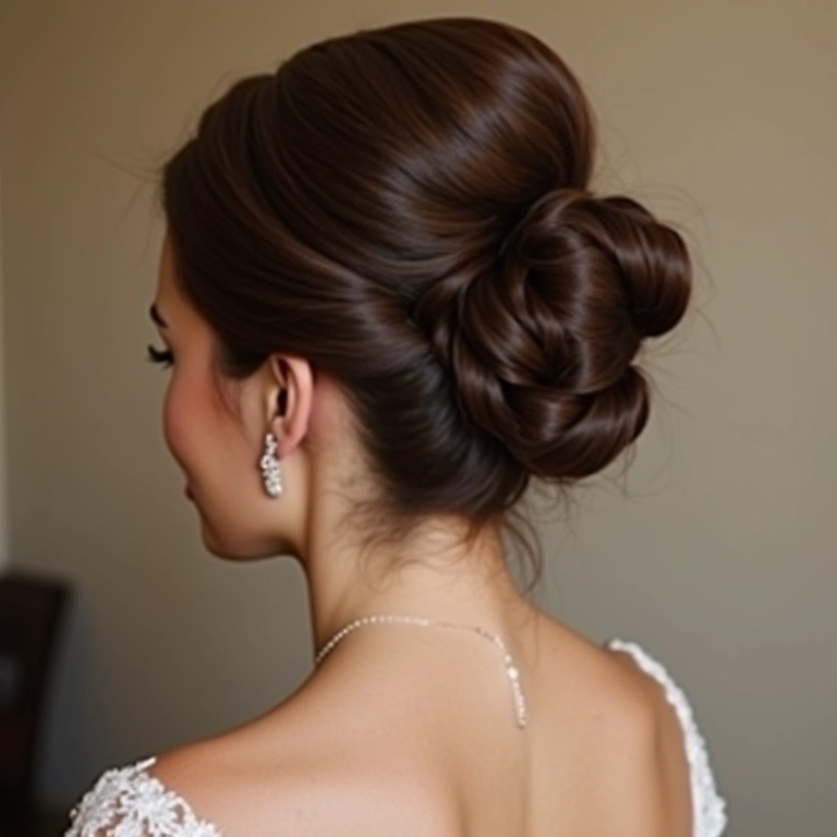 Noiva com coque clássico, um penteado preso atemporal e elegante.