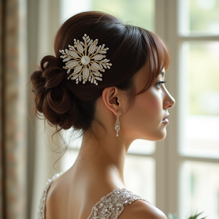 Noiva com penteado elegante e pente de topo imponente.