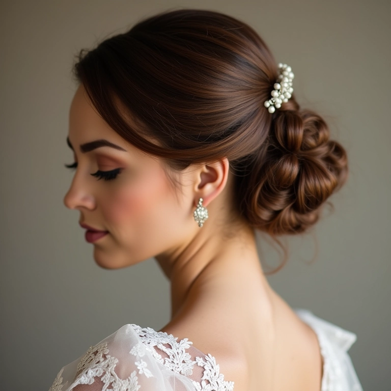 Noiva com penteado lateral, um penteado preso glamouroso e sofisticado.