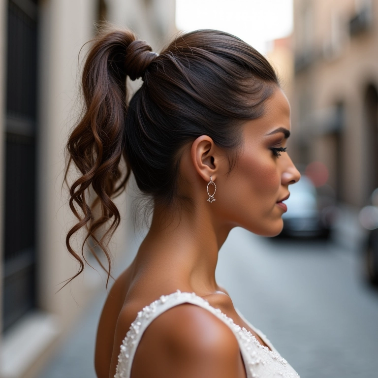 Noiva com rabo de cavalo elaborado, um penteado preso moderno e estiloso.