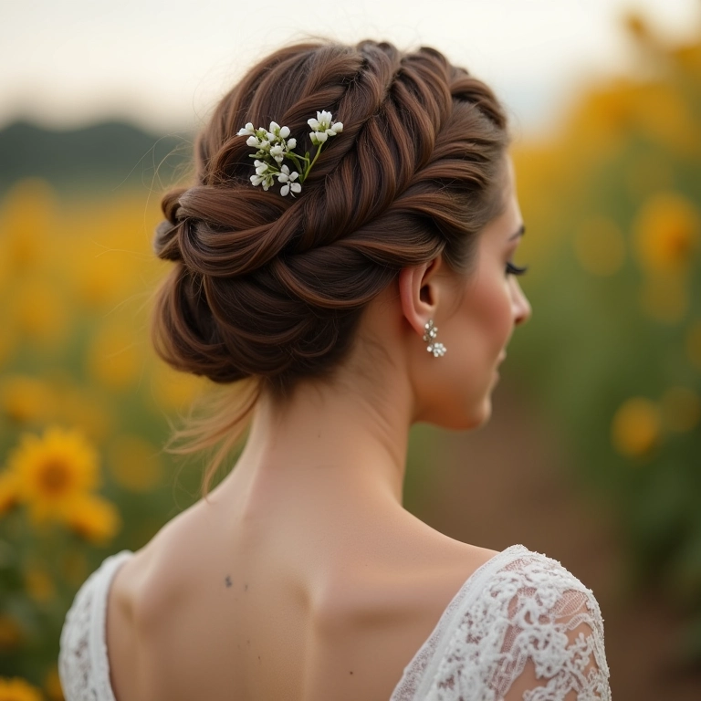 Noiva com tranças em um penteado preso romântico e delicado.
