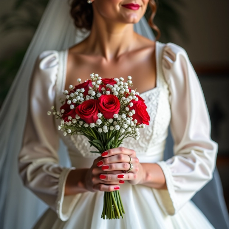 Noiva com unhas vermelhas vibrantes segurando o buquê.