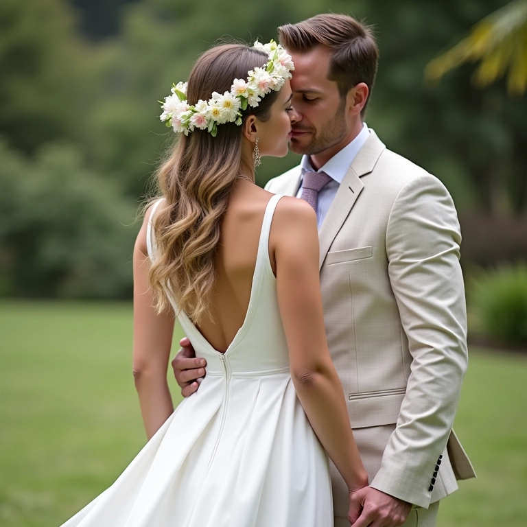 Noiva com vestido branco e coroa de flores taitiana.