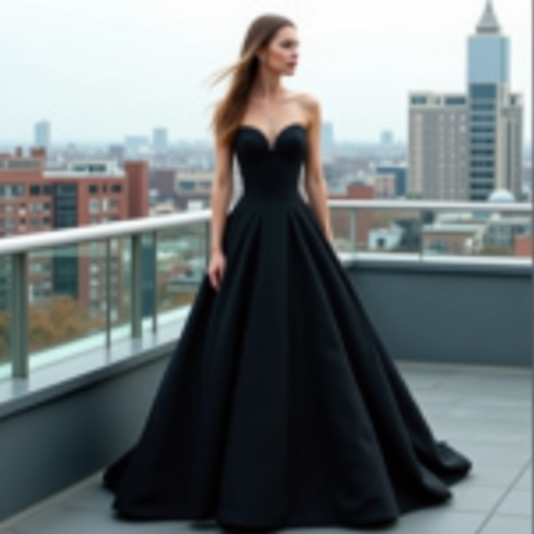 Noiva com vestido de noiva preto moderno de design minimalista em um rooftop urbano.