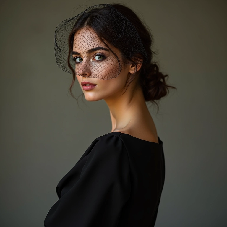 Noiva com vestido de noiva preto usando um delicado véu 'birdcage'.