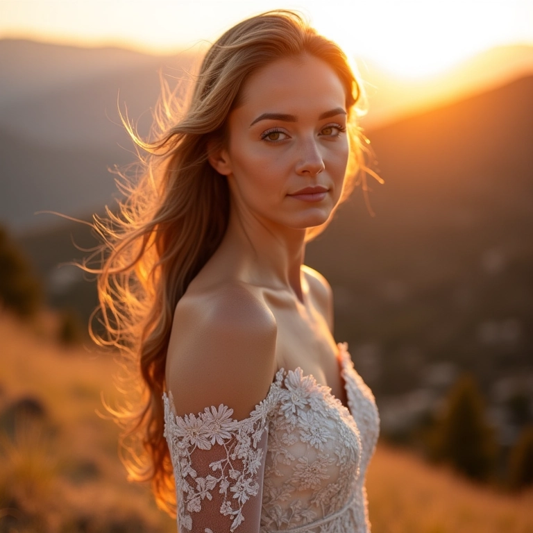 Noiva com vestido de renda em um casamento na serra ao pôr do sol.