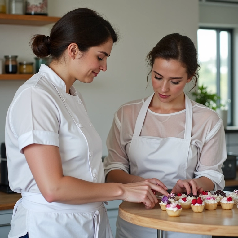 Noiva consultando portfólio de doces finos com doceira.
