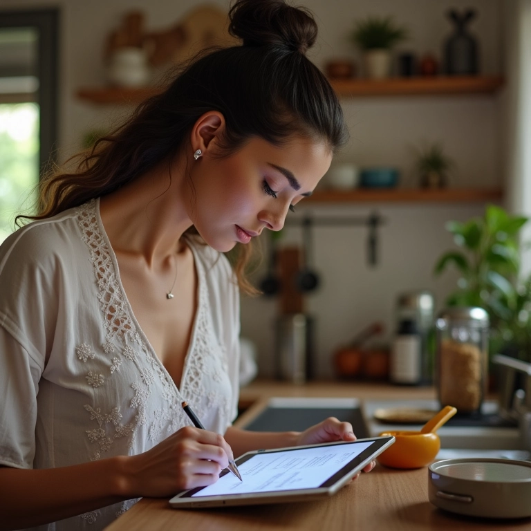 Noiva criando lista de presentes para o chá de panela em um tablet.