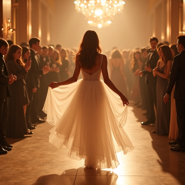 Noiva dançando em um vestido de noiva curto com tule em uma recepção iluminada.