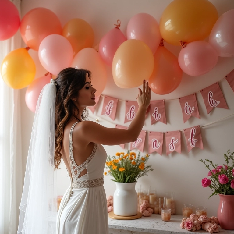 Noiva dando os toques finais na decoração do chá de panela com balões e banners.