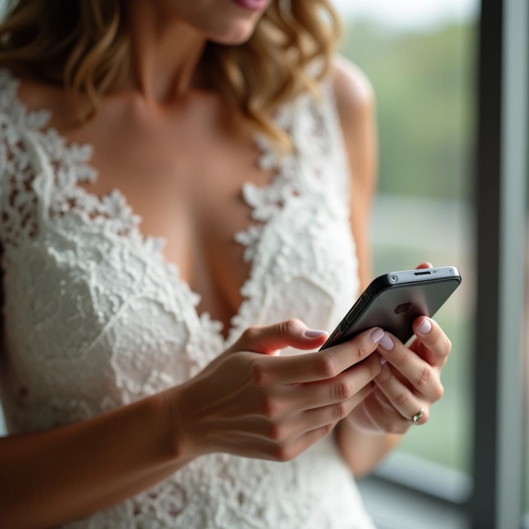 Noiva digitando pergunta sobre tecidos de vestido.