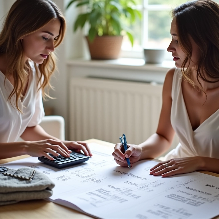 Noiva e estilista discutindo orçamento para vestido de noiva sob medida com calculadora e croquis.