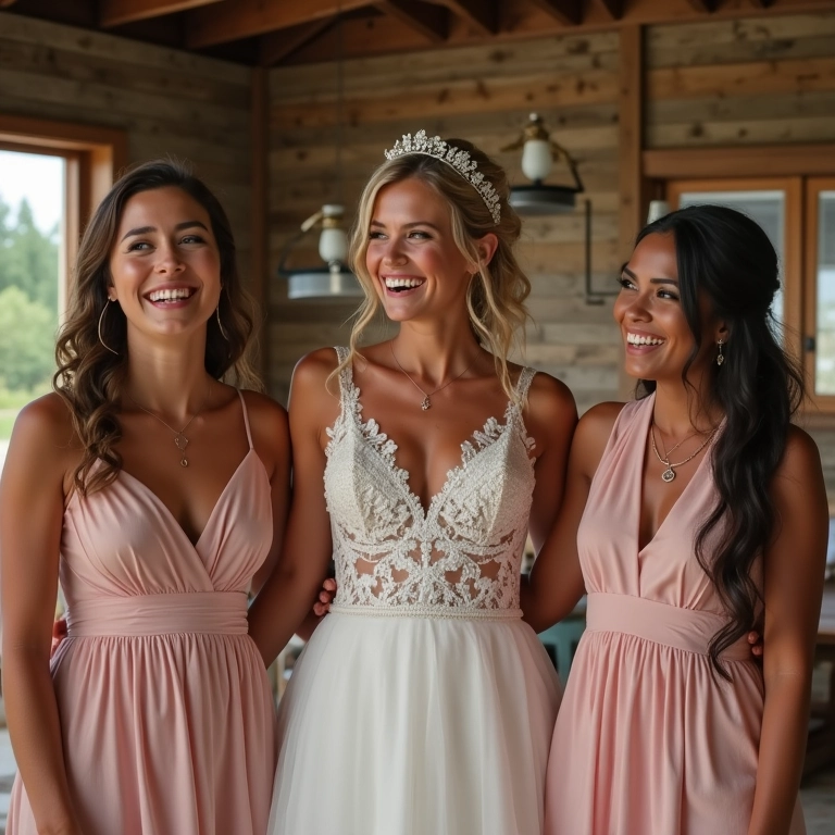 Noiva e madrinhas rindo juntas durante o making of.