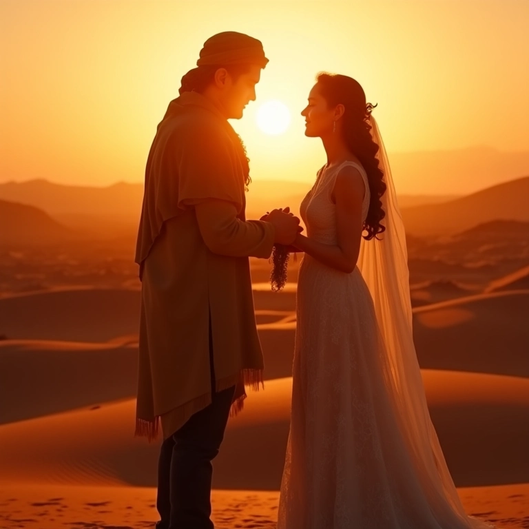 Noiva e noivo trocando votos em trajes marroquinos tradicionais no deserto ao pôr do sol.