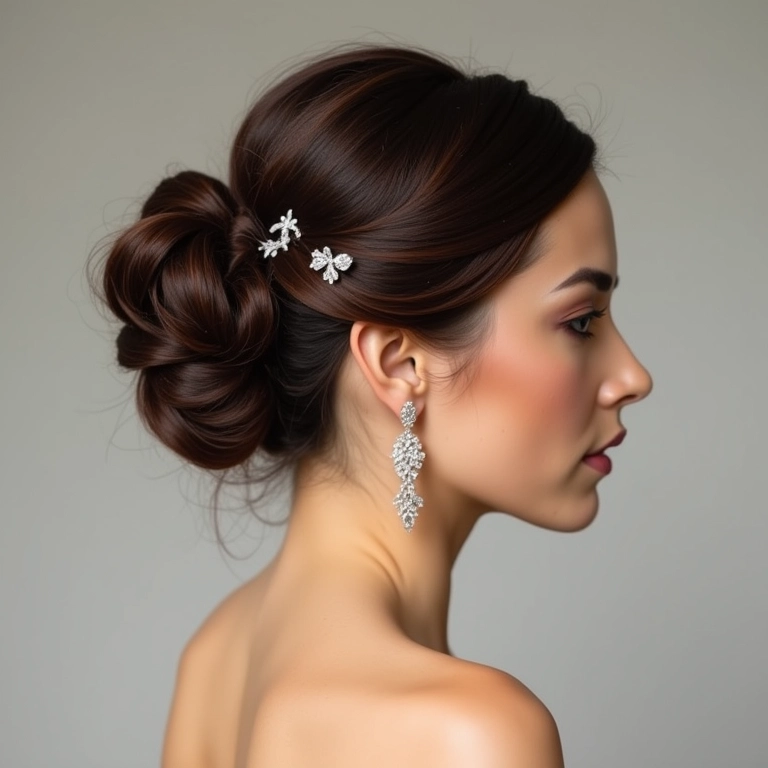 Noiva elegante com penteado preso sofisticado e joias delicadas.