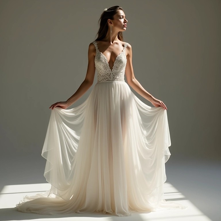 Noiva em pose dividida: vestido longo com saia e versão curta sem saia