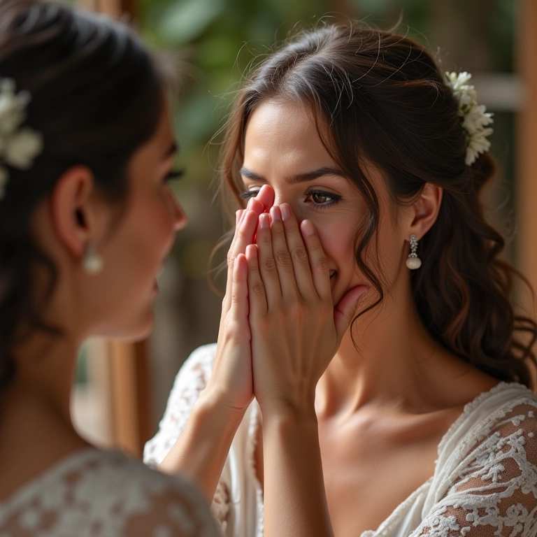 Noiva enxugando lágrimas de alegria durante um 'first touch'.