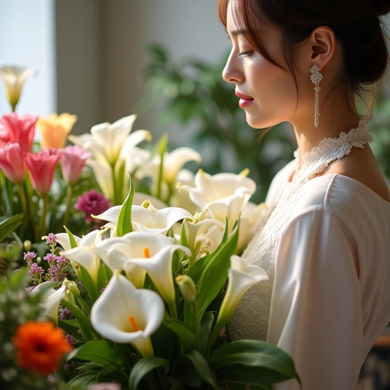 Noiva escolhendo buquê de callas